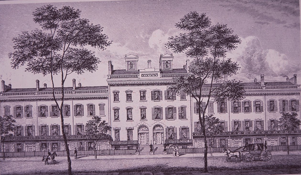 مكان LeRoy في عام 1831 ، وهو جزء مما يُعرف الآن بشارع بليكر في قرية غرينتش (نقش) بواسطة المدرسة الأمريكية