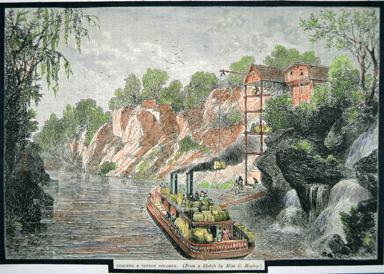 Loading the steamboat with cotton bales from a plantation, c.1860 (coloured engraving) بواسطة المدرسة الأمريكية