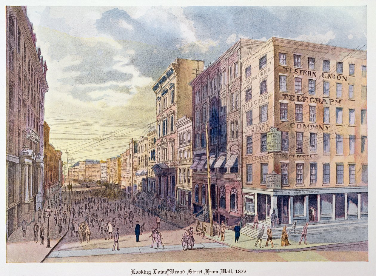 بالنظر إلى شارع برود ستريت من وول عام 1873 ، صورة توضيحية من نيويورك القديمة ، أمس واليوم بقلم هنري كولينز براون ، 1922 بواسطة المدرسة الأمريكية