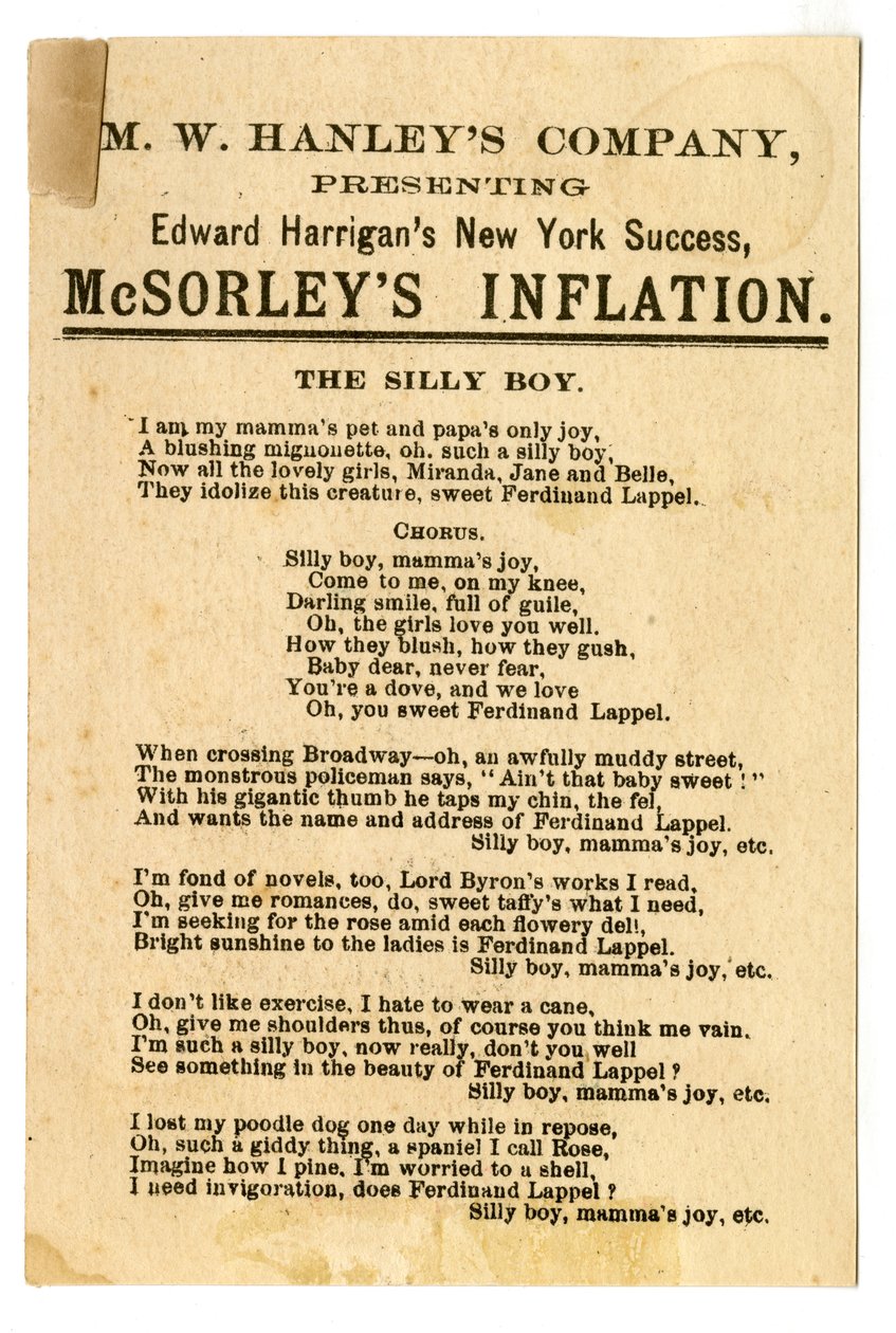 عرض MW Hanleys Col على إدوارد هاريجانز أحدث إصدارات NY Success ، McSorleys Inflation [بطاقة المسرح]. فيرسو ، ج 1882 (طباعة حجرية [بطاقة تجارية]) بواسطة المدرسة الأمريكية