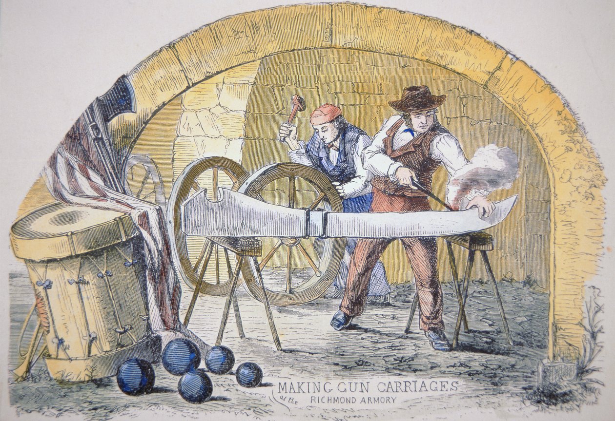 Making Confederate gun carriages at the Tredegar Iron Works at Richmond, Virginia (coloured engraving) بواسطة المدرسة الأمريكية