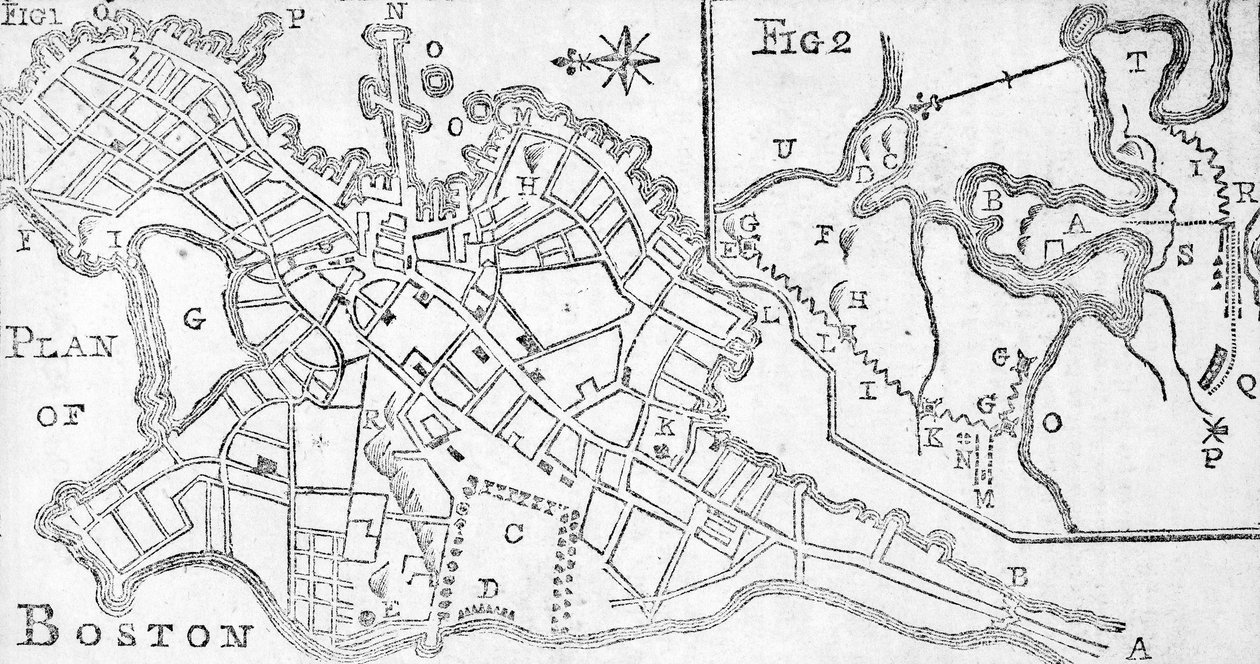خريطة بوسطن ، مطبوعة في Bickerstaffs Albany Almanack ، 1776 (طباعة) بواسطة المدرسة الأمريكية
