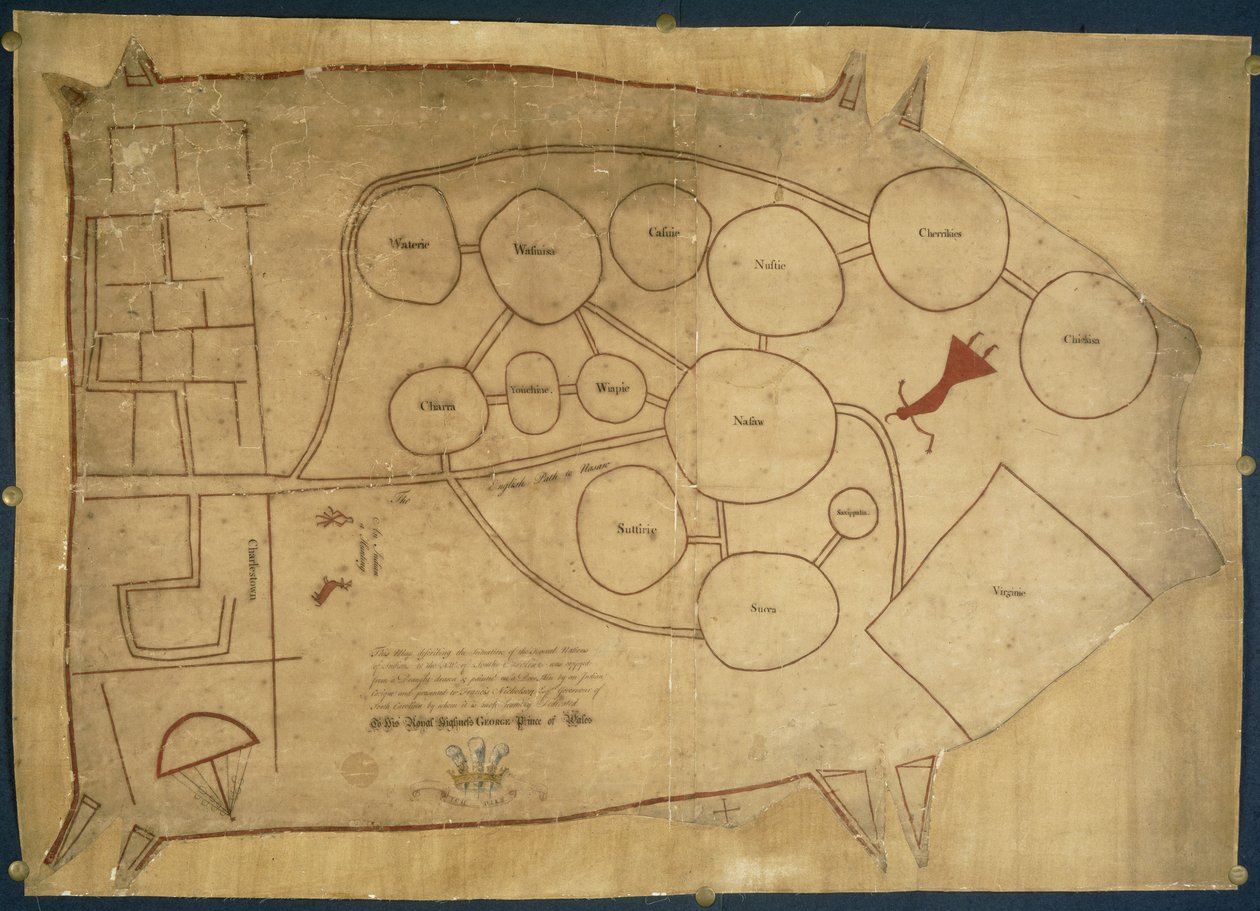 خريطة الأراضي الهندية الأصلية ، 1721-25 (ورق رق) بواسطة المدرسة الأمريكية