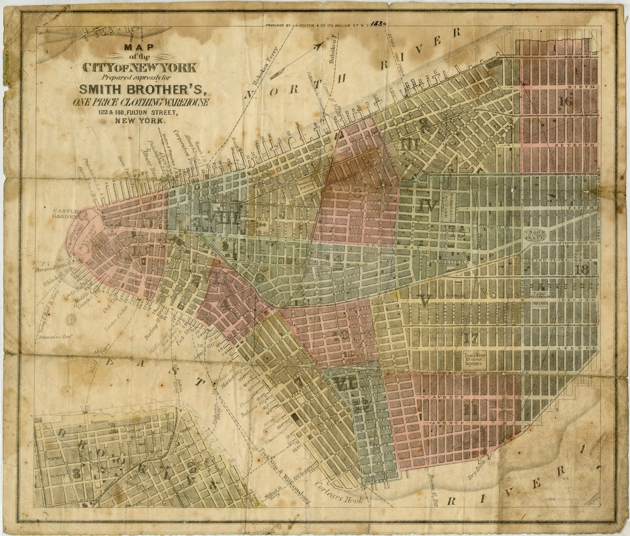 خريطة لمدينة نيويورك: معدة خصيصًا لـ Smith Brother؟ مستودع ملابس بسعر واحد ... أعده JH Colton & Co. ، 1854-1869 (حبر أسود وملون على ورق) بواسطة المدرسة الأمريكية