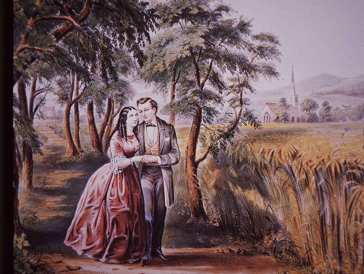 Marriage proposal, early 19th century (colour litho) بواسطة المدرسة الأمريكية