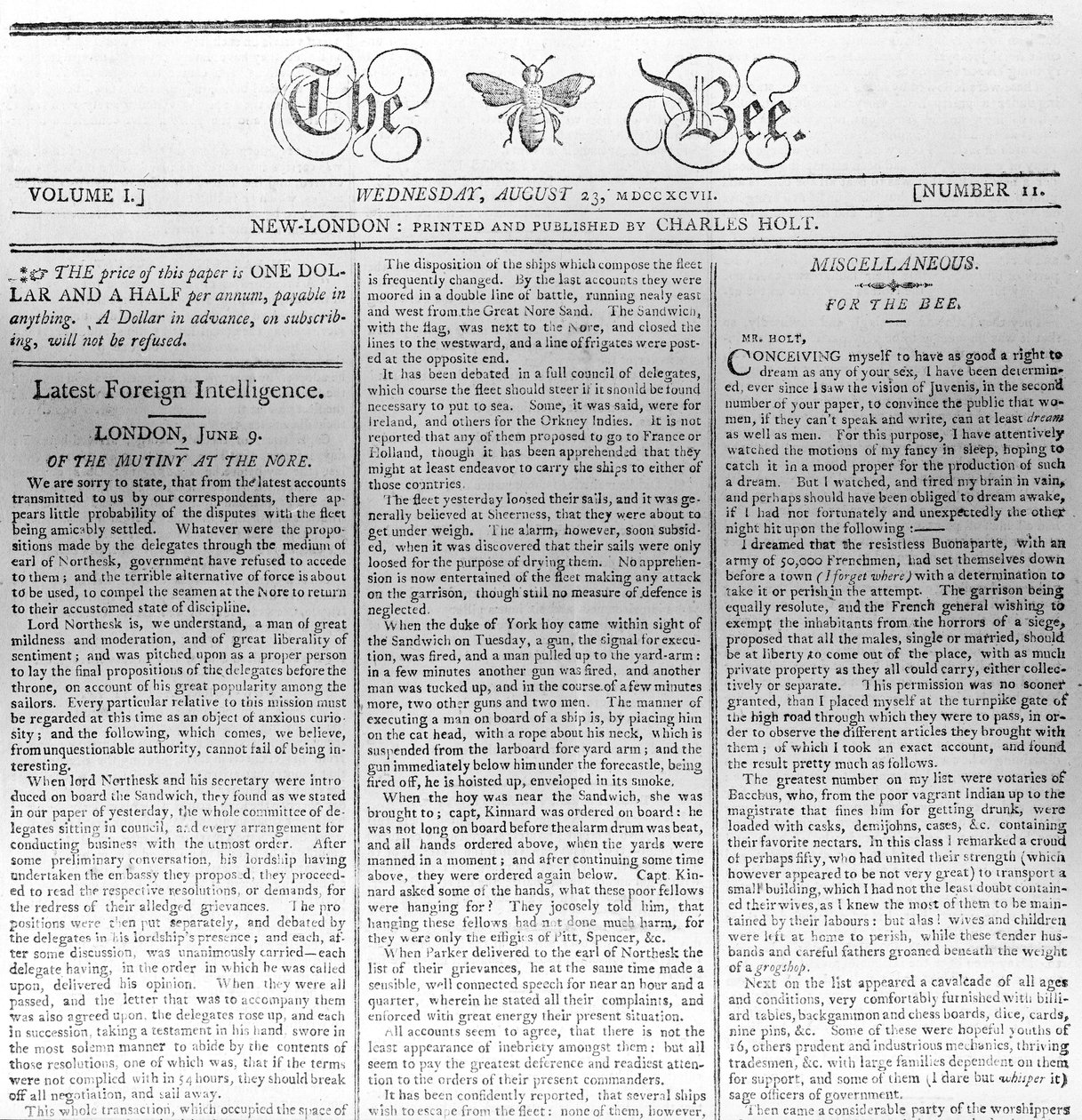 إعلان تسمية النحلة ، طبع في 23 أغسطس 1797 (طباعة) بواسطة المدرسة الأمريكية