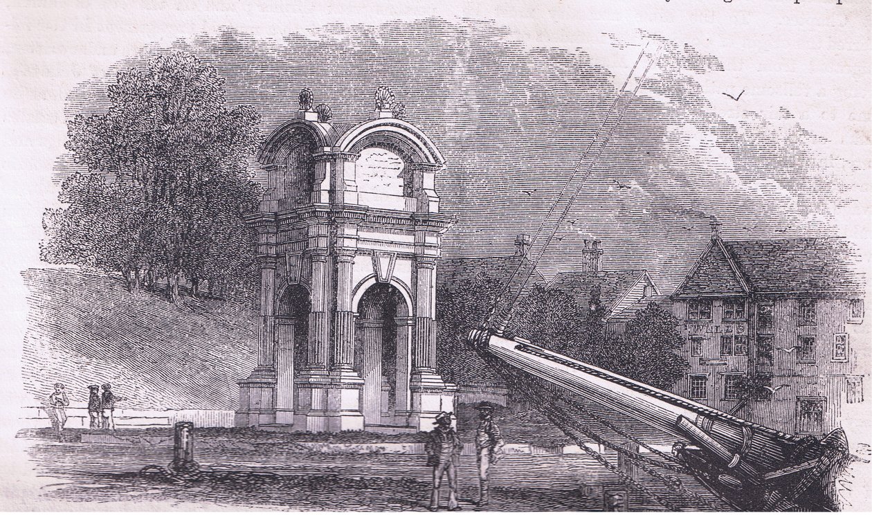 نصب تذكاري في نيو بلايموث للاحتفال بموقع هبوط الآباء الحجاج ، رسم توضيحي من حانة Cassell's History of the United States. بواسطة Petter & Galpin c.1890 (litho) بواسطة المدرسة الأمريكية