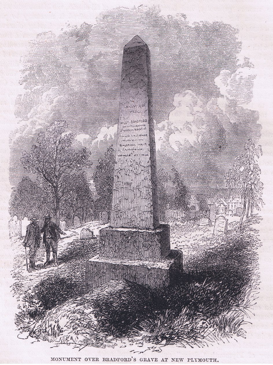 نصب تذكاري فوق قبر برادفورد في نيو بلايموث 1641 ، رسم توضيحي من حانة Cassell's History of the United States. بواسطة Petter & Galpin c.1890 (litho) بواسطة المدرسة الأمريكية