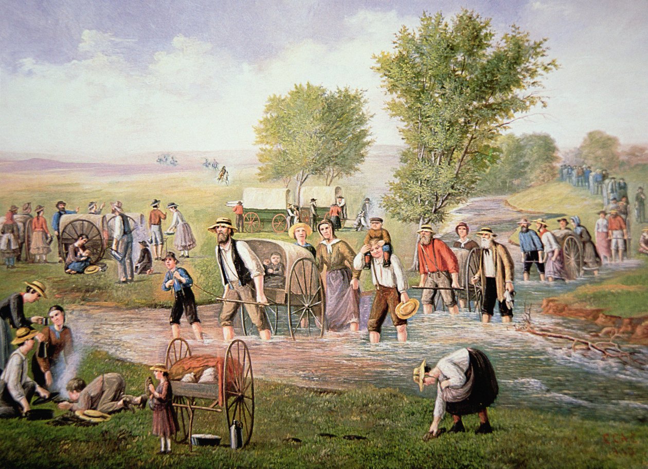 رواد المورمون يسحبون عربات اليد في رحلة طويلة إلى مدينة سولت ليك في عام 1856 (لون ليثو) بواسطة المدرسة الأمريكية