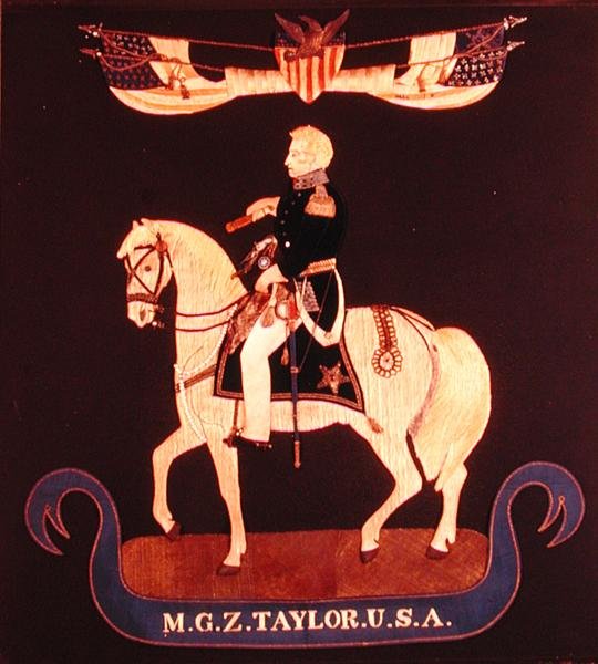 صورة تطريز تصور اللواء زاكاري تايلور على ظهور الخيل ، حوالي 1846-55 (لباد ، حرير ، كتان ، قطن ، معدن ، جلد ، زجاج ، طلاء) بواسطة المدرسة الأمريكية