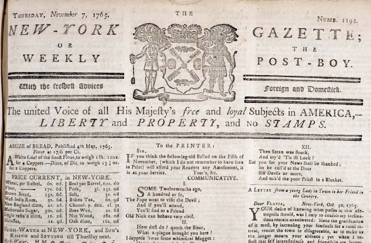 إعلان التسمية الرئيسية لجريدة New York Gazette يعلن معارضته للطوابع ، طبع في 7 نوفمبر 1765 (طباعة) بواسطة المدرسة الأمريكية