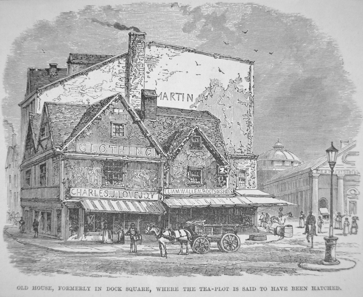 Old House, formerly in Dock Square, where the tea-plot is said to have been hatched (litho) بواسطة المدرسة الأمريكية