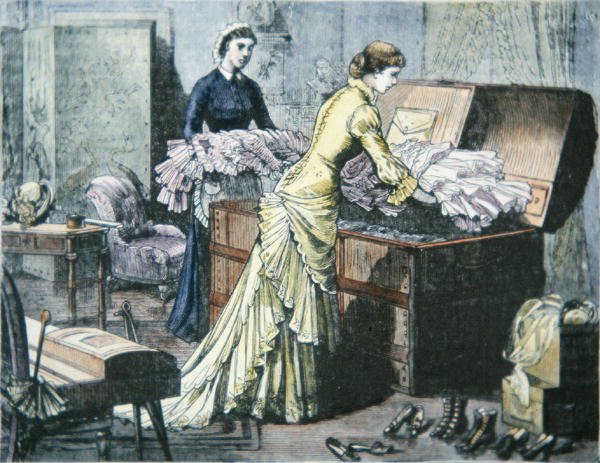 تعبئة جذع ساراتوجا لرحلة القطار إلى ساراتوجا سبرينجز ، نيويورك ، حوالي 1880 (نقش ملون) بواسطة المدرسة الأمريكية