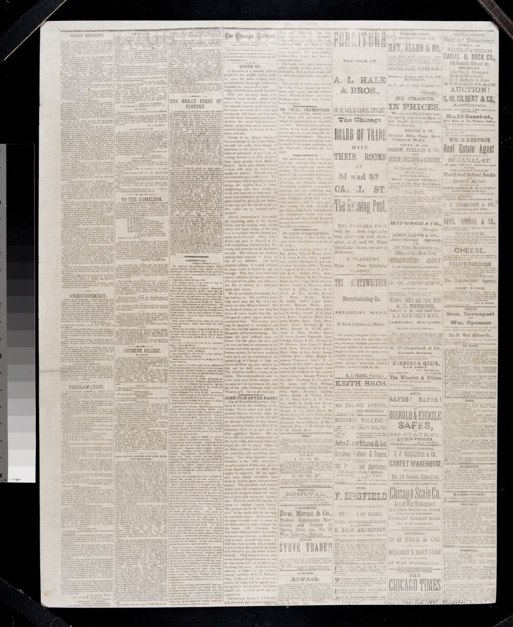 صفحة من شيكاغو تريبيون ، 11 أكتوبر 1871 (ورق الصحف) بواسطة المدرسة الأمريكية