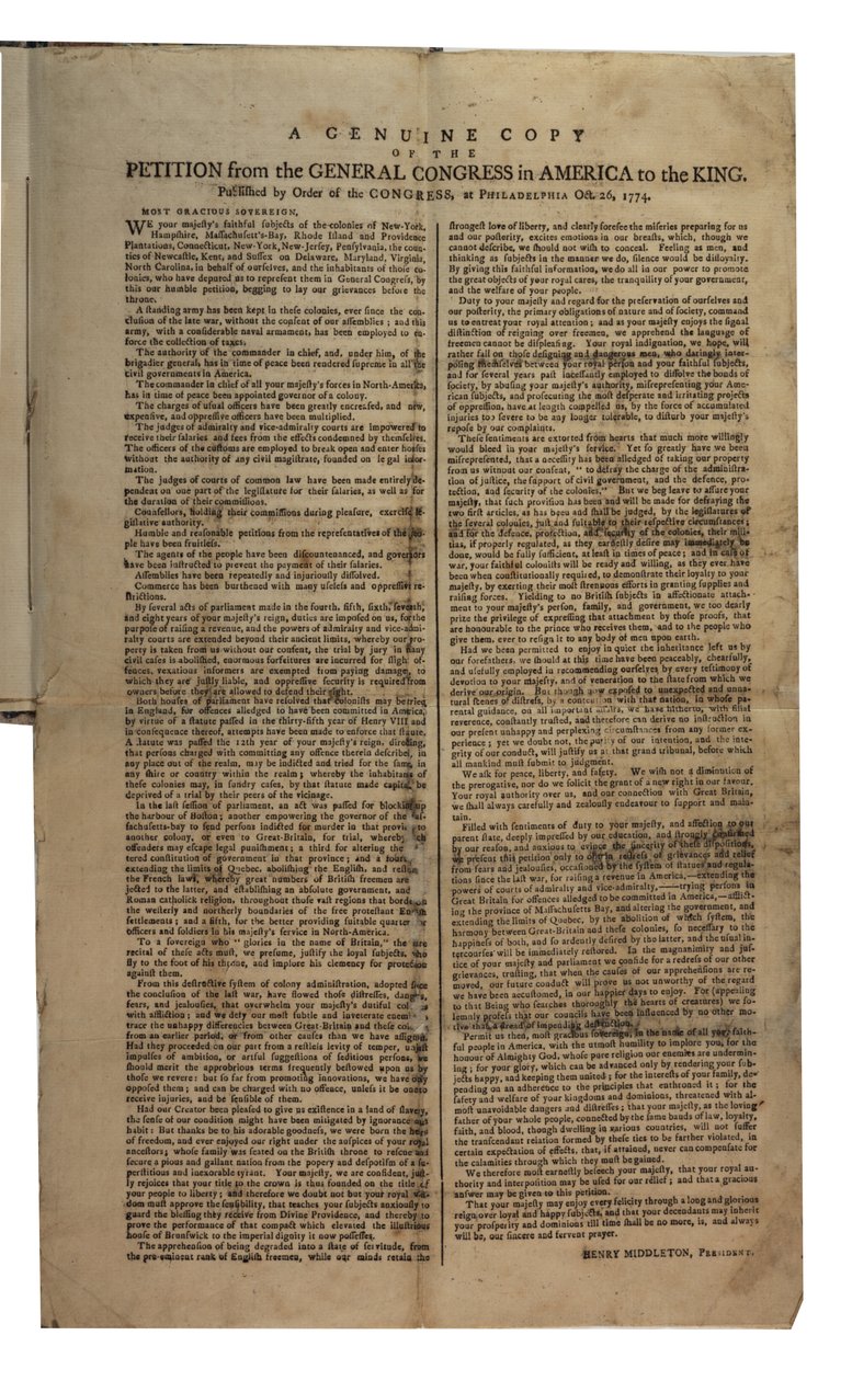 عريضة من المؤتمر العام في أمريكا إلى الملك ، المؤتمر القاري ، 26 أكتوبر 1774 بواسطة المدرسة الأمريكية