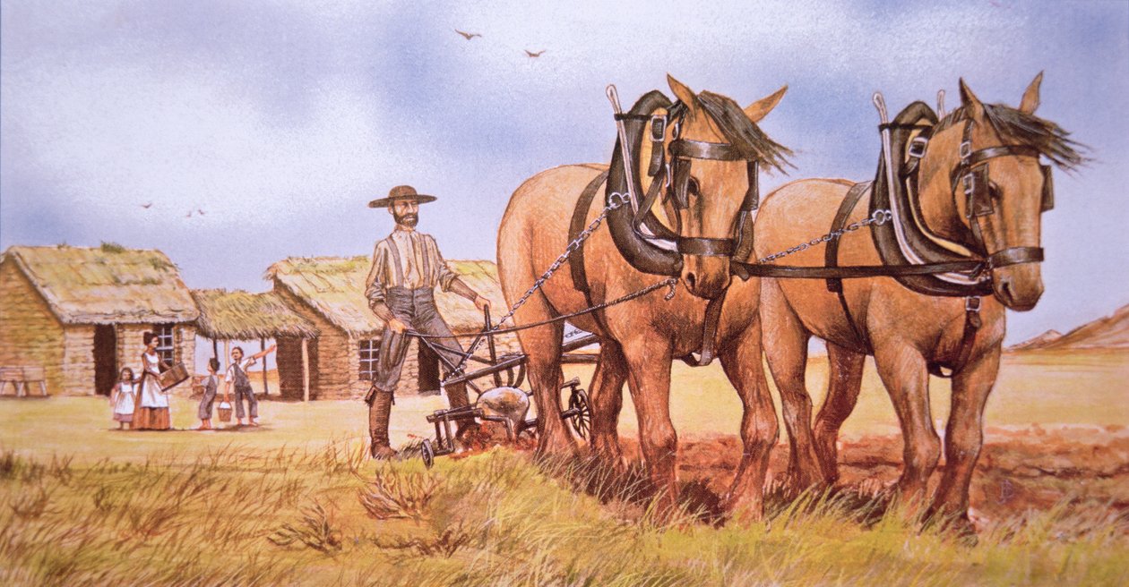 Pioneer farmer (colour litho) بواسطة المدرسة الأمريكية