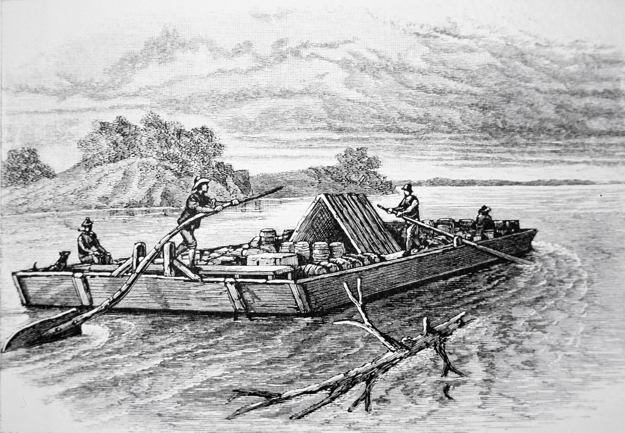 قارب بايونير المسطح على نهر المسيسيبي ، ج. 1840 (نقش) بواسطة المدرسة الأمريكية