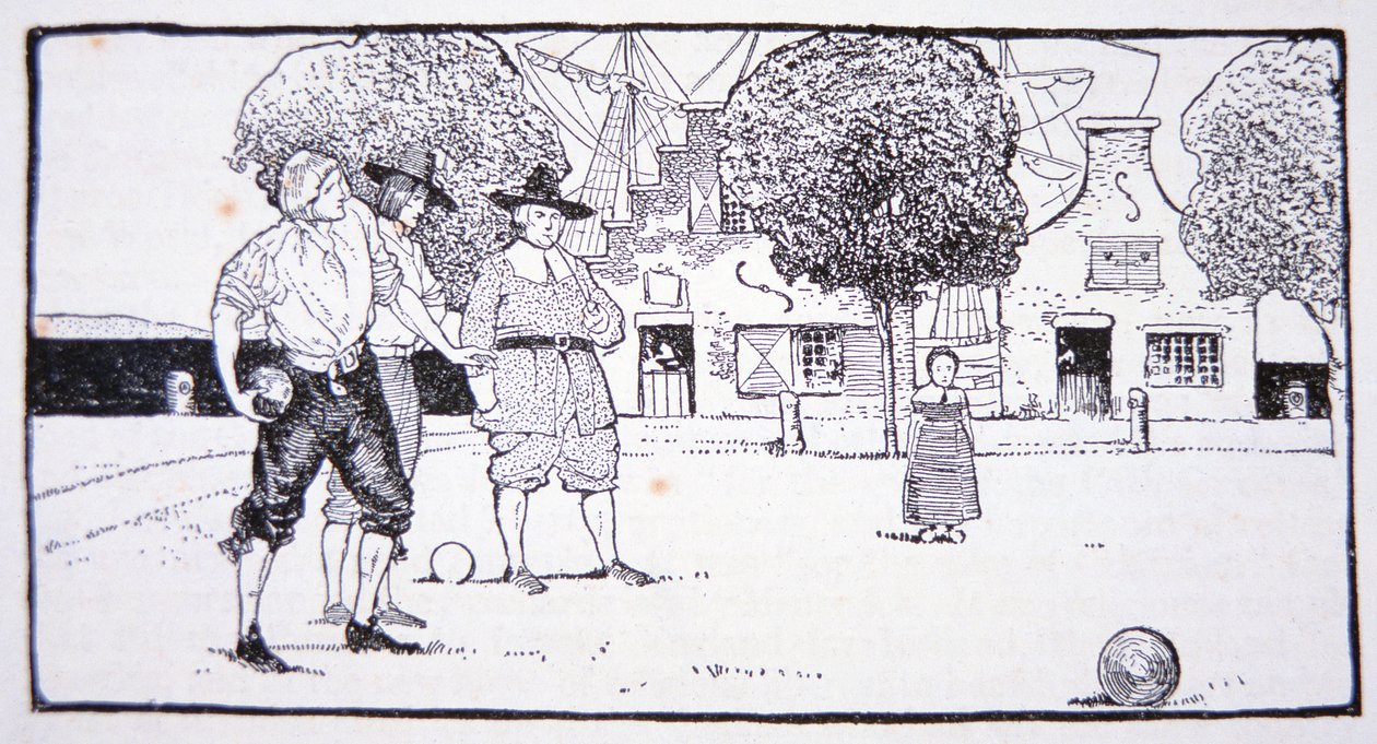 Playing bowls in New Amsterdam in the 17th century (litho) بواسطة المدرسة الأمريكية