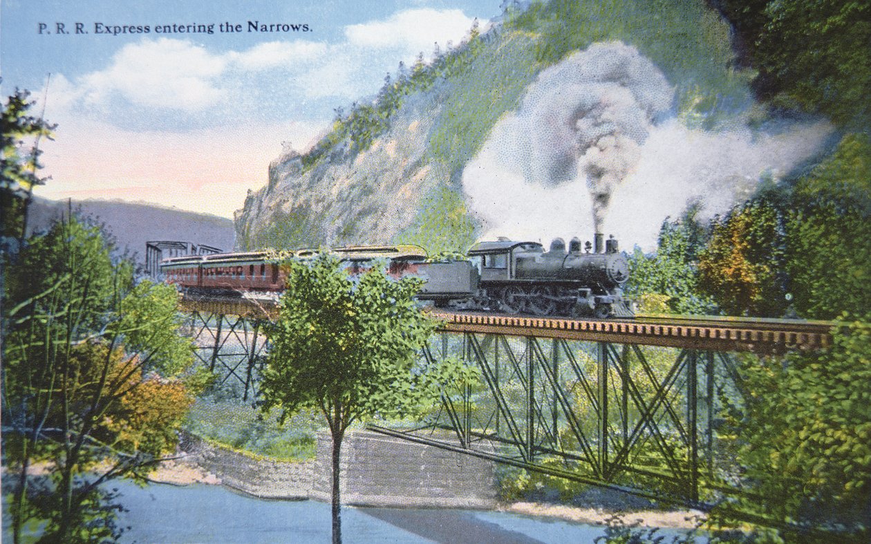 Postcard of a Pennsylvania Railroad Express entering the Narrows at Cumberland, Maryland, c.1910 (colour litho) بواسطة المدرسة الأمريكية