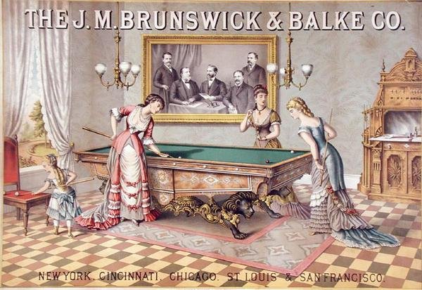 إعلان ملصق "JM Brunswick & Balke Co." ، تم نشره بواسطة Kurz & Allison ، حوالي 1885 (لون ليثو) بواسطة المدرسة الأمريكية