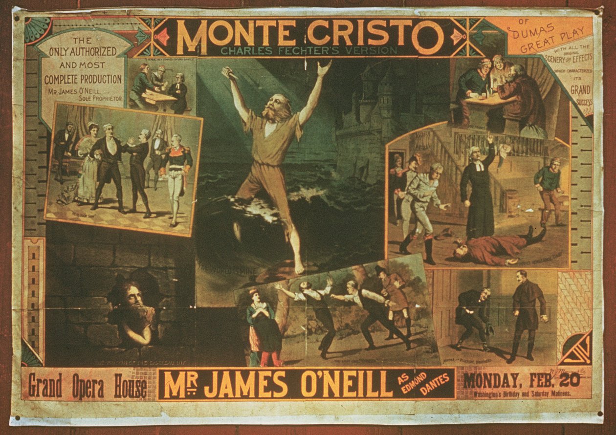الإعلان عن الملصقات السيد James ONeill في دور Edmond Dantes ، في إصدار Charles Fichter من The Count of Monte Cristo بواسطة المدرسة الأمريكية