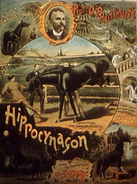 إعلان الملصق "Hippocynagon" للبروفيسور DH Hurlburt ، تحت إدارة OS Cary (color litho) بواسطة المدرسة الأمريكية