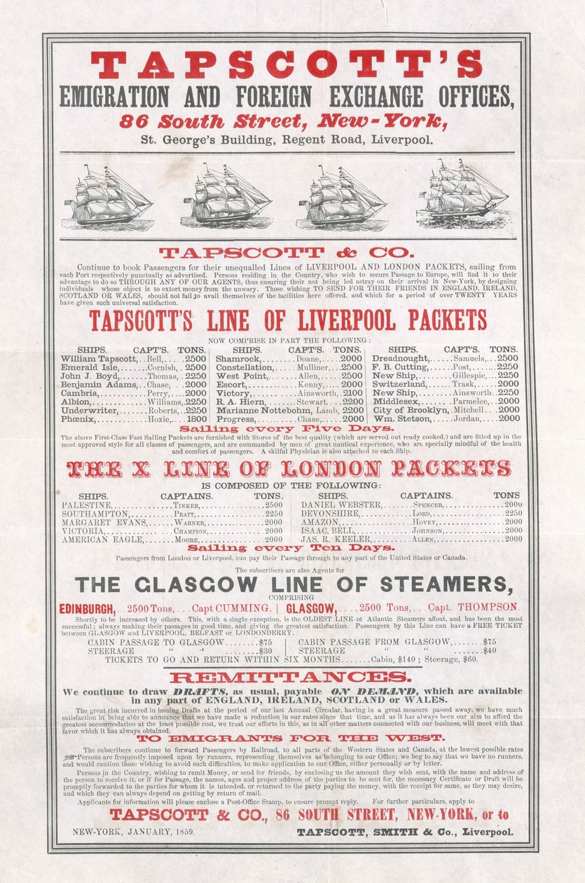 إعلانات الملصقات ، مكاتب Tapscotts للهجرة والصرف الأجنبي ، نيويورك ، يناير 1859 بواسطة المدرسة الأمريكية