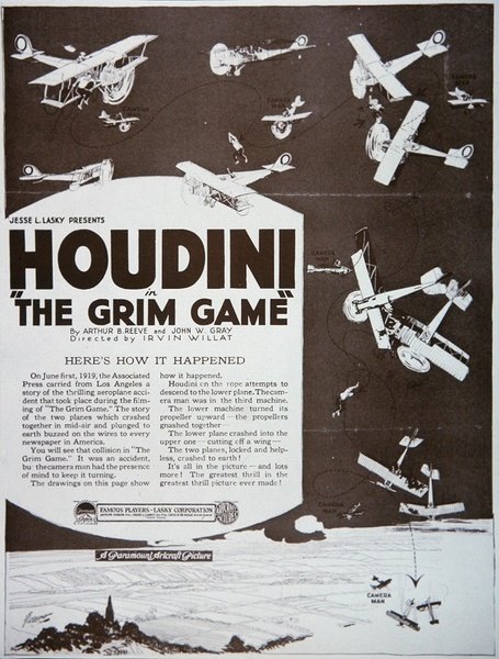 إعلان ملصق "The Grim Game" بطولة هوديني بواسطة المدرسة الأمريكية