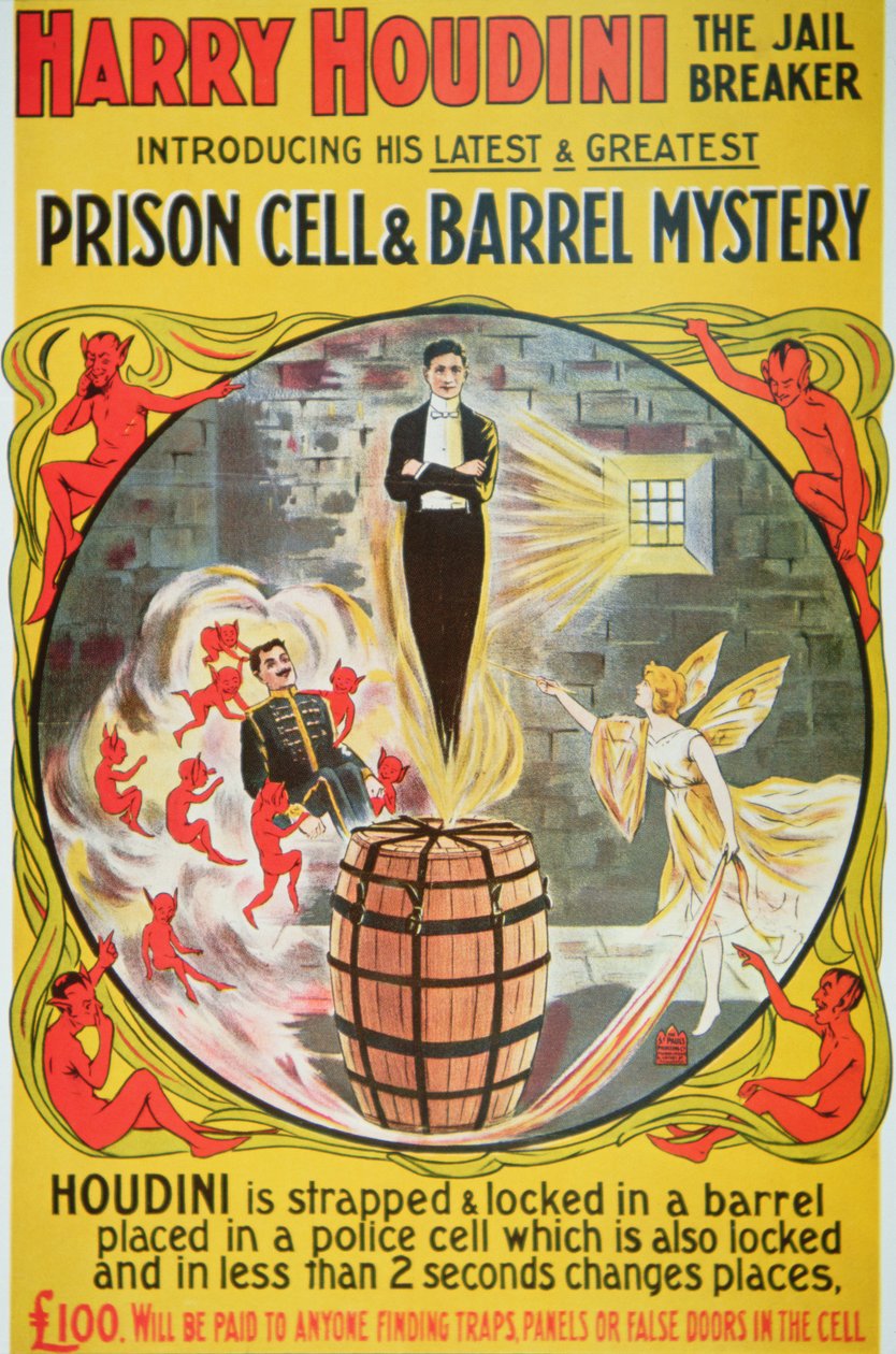 Poster advertising a new act by Houdini (colour litho) بواسطة المدرسة الأمريكية