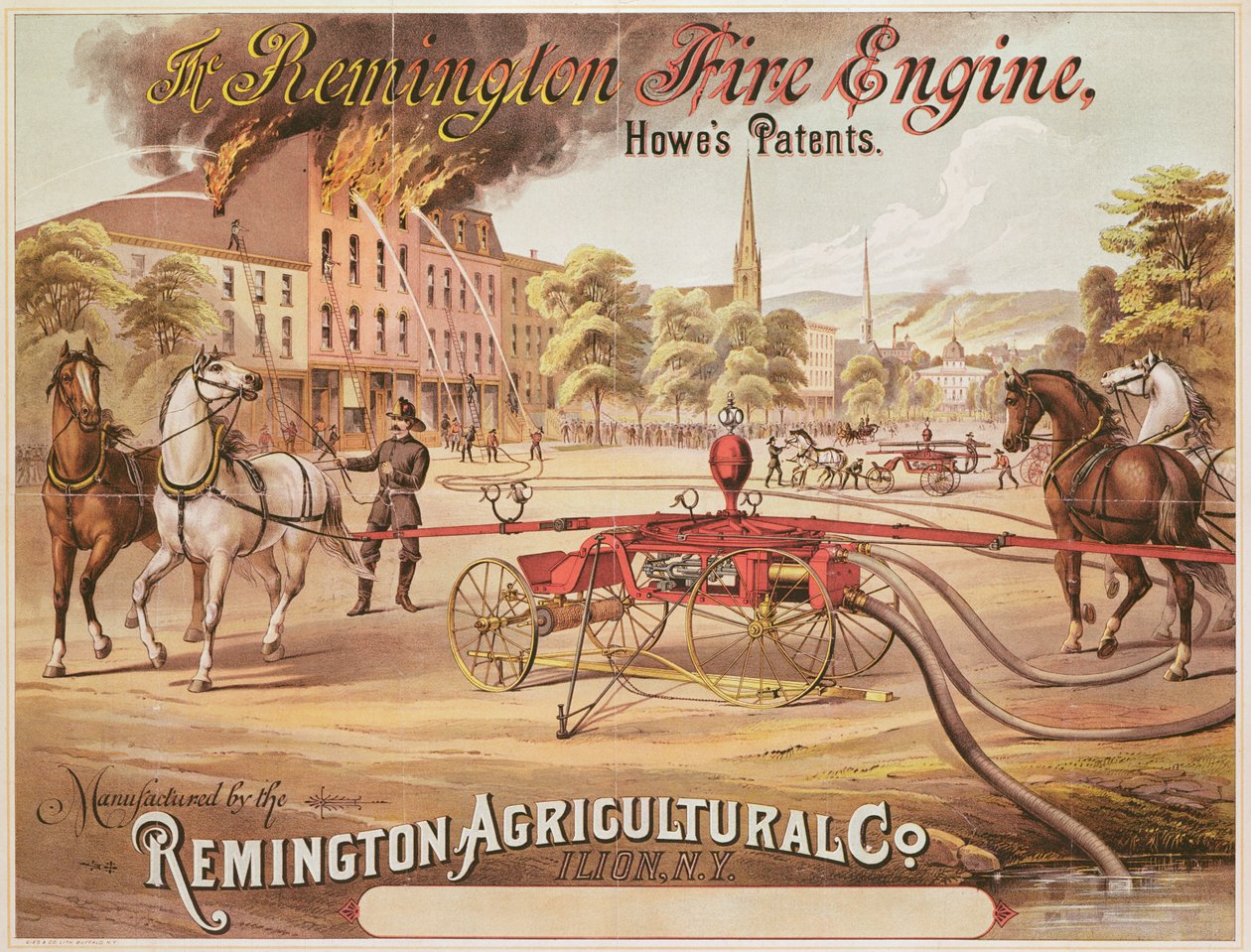ملصق إعلاني بمحرك Remington Fire Engine الذي صنعته شركة Remington Agricultural ، c.1890 بواسطة المدرسة الأمريكية