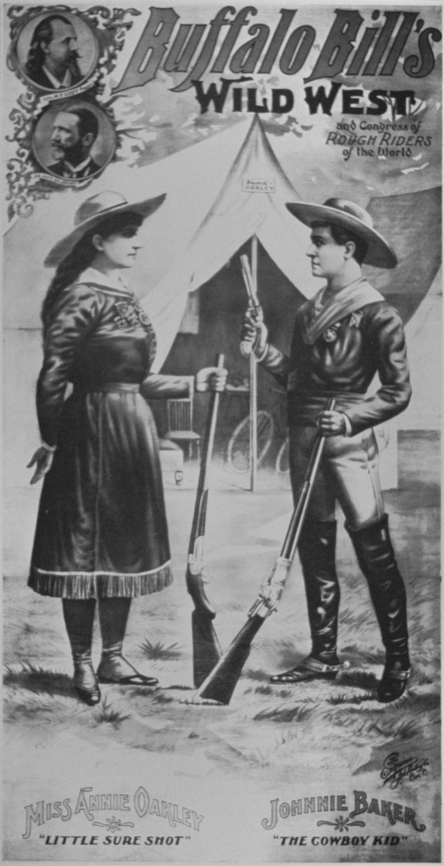ملصق لـ Buffalo Bill's (1846-1917) Wild West Show ، يضم آني أوكلي (1860-1926) وجوني بيكر "ذا كاوبوي كيد" بواسطة المدرسة الأمريكية