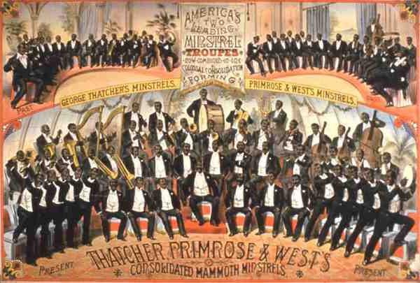 ملصق لـ "Consolidated Mammoth Minstrels" ، بطولة "George Thatcher Minstrels and Primrose and West's Minstrels" (لون ليثو) بواسطة المدرسة الأمريكية