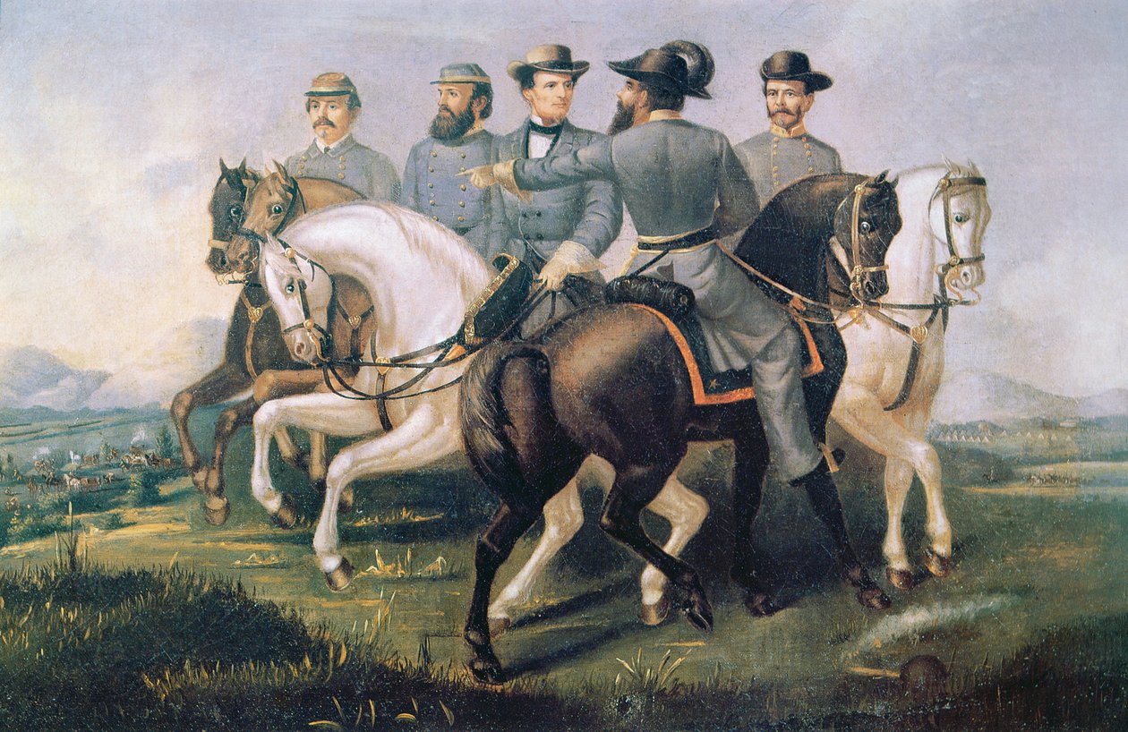President of the Confederate States during the American Civil War, with his generals (oil on canvas) بواسطة المدرسة الأمريكية