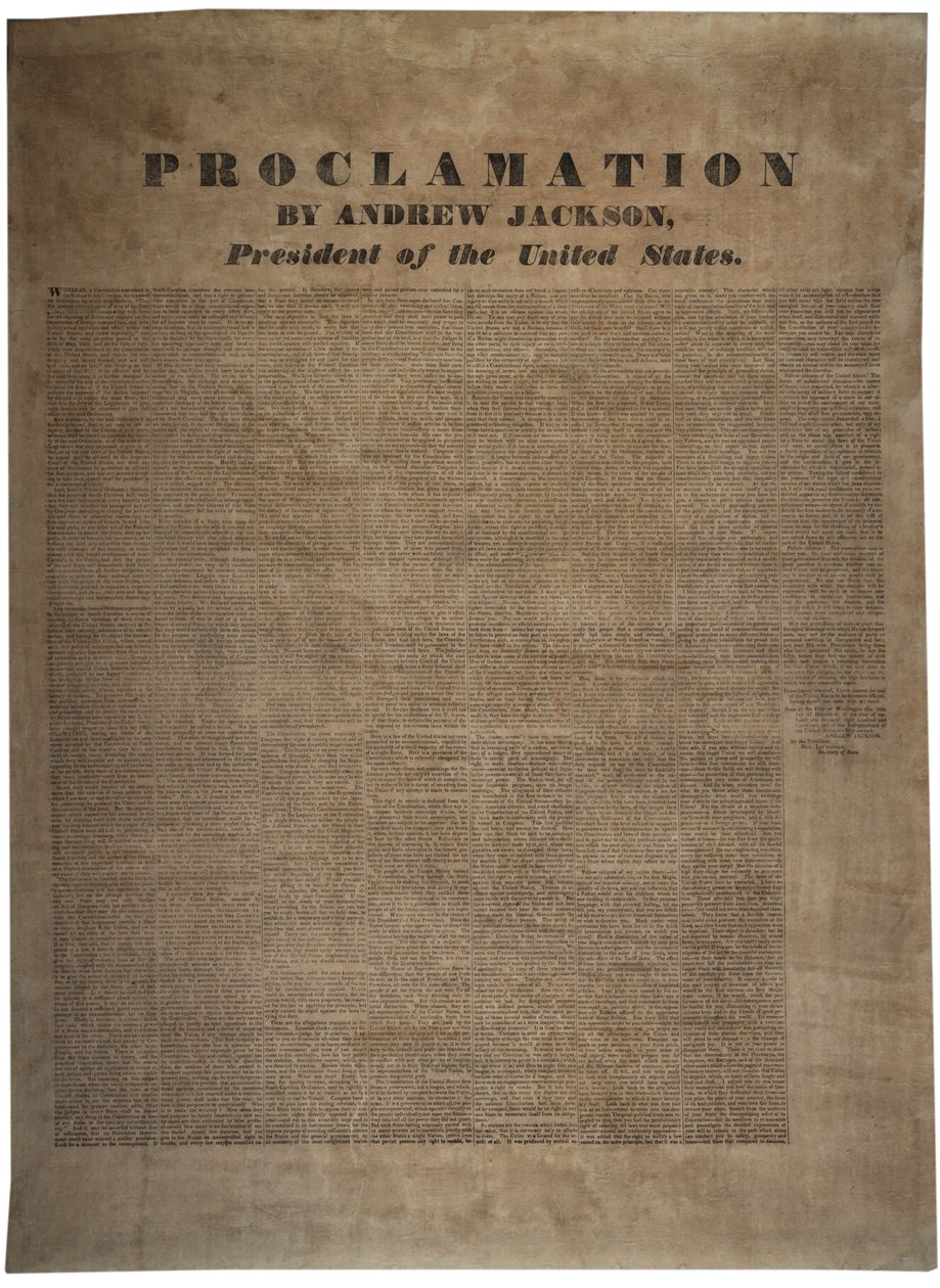 إعلان أندرو جاكسون (1767-1845) ، رئيس الولايات المتحدة ، 10 ديسمبر 1832 بواسطة المدرسة الأمريكية