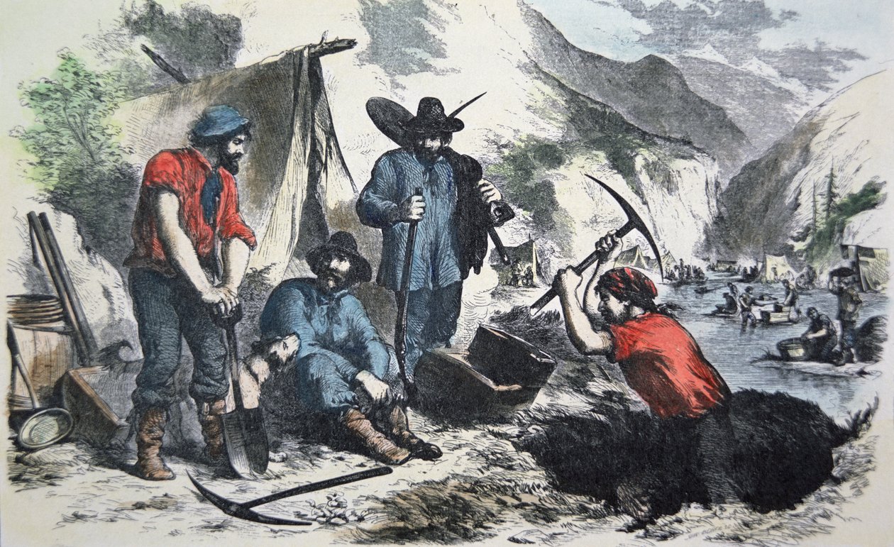 المنقبون أثناء اندفاع الذهب في كاليفورنيا عام 1849 (لون الحجر الصخري) بواسطة المدرسة الأمريكية