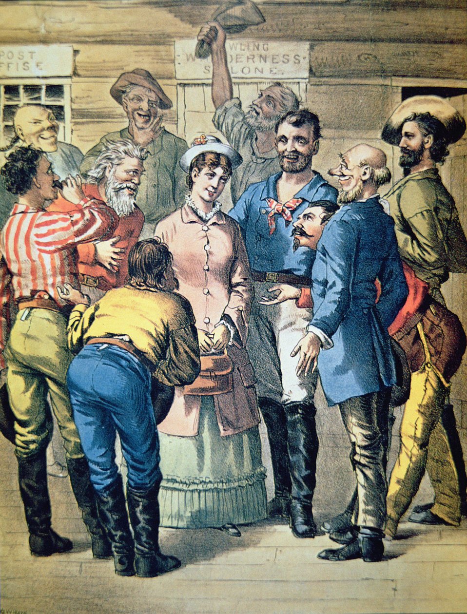 Prospectors gather round a woman in a gold camp (colour litho) بواسطة المدرسة الأمريكية