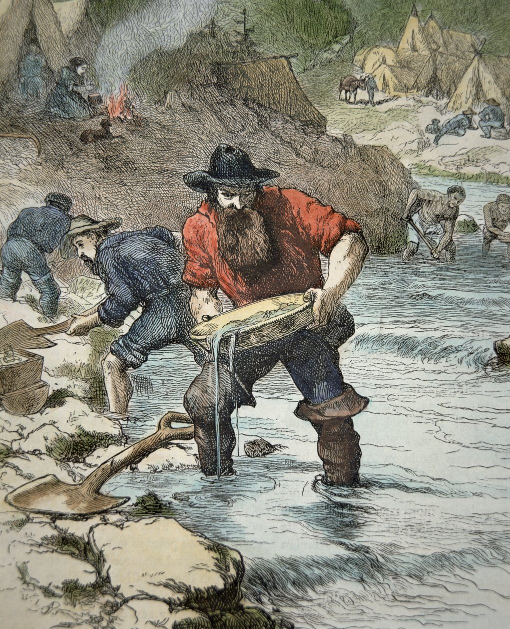 Prospectors panning for gold during the Californian Gold Rush of 1849 (coloured engraving) بواسطة المدرسة الأمريكية