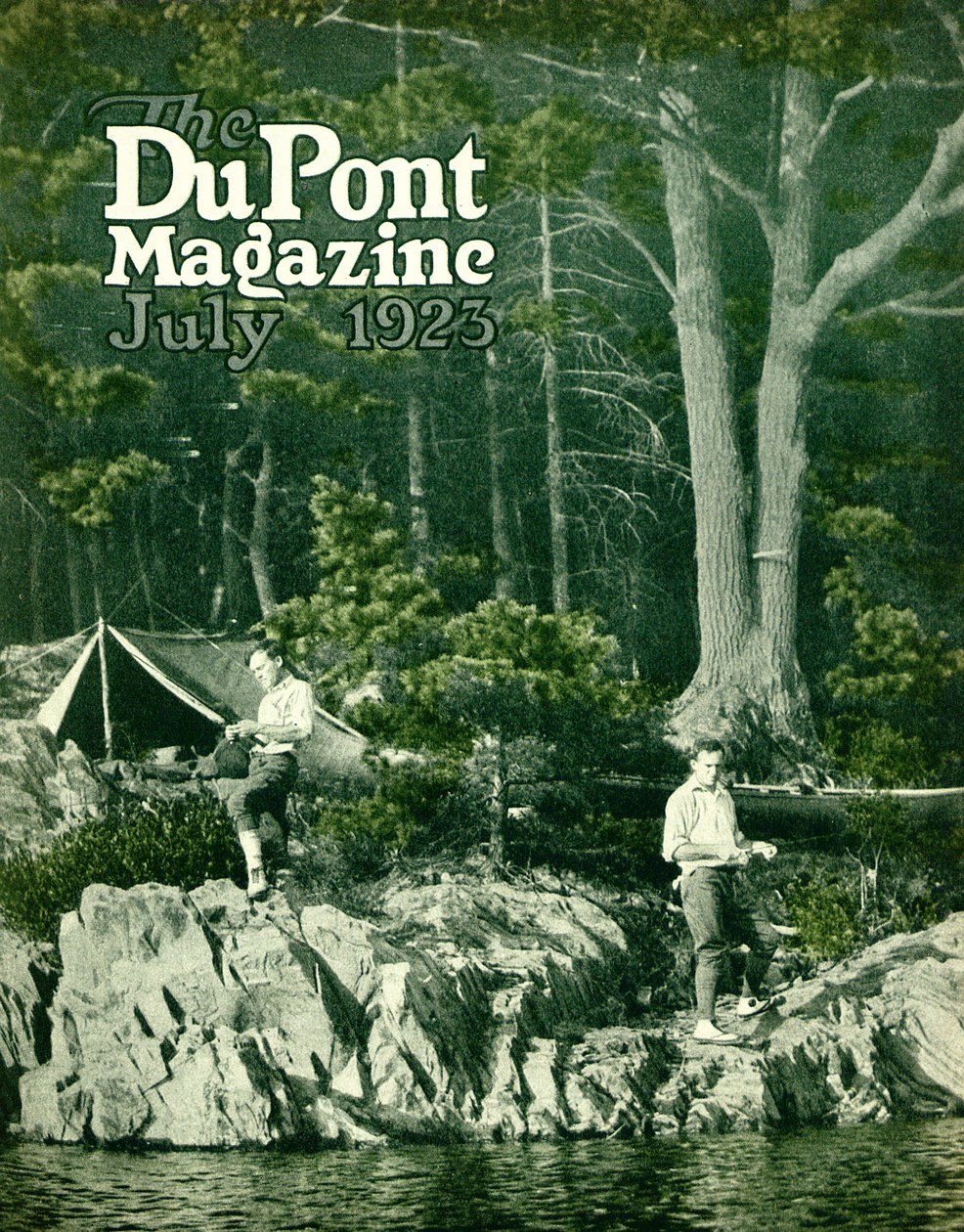 Pyralin يذهب لصيد الأسماك ، الغلاف الأمامي لمجلة DuPont ، يوليو 1923 بواسطة المدرسة الأمريكية