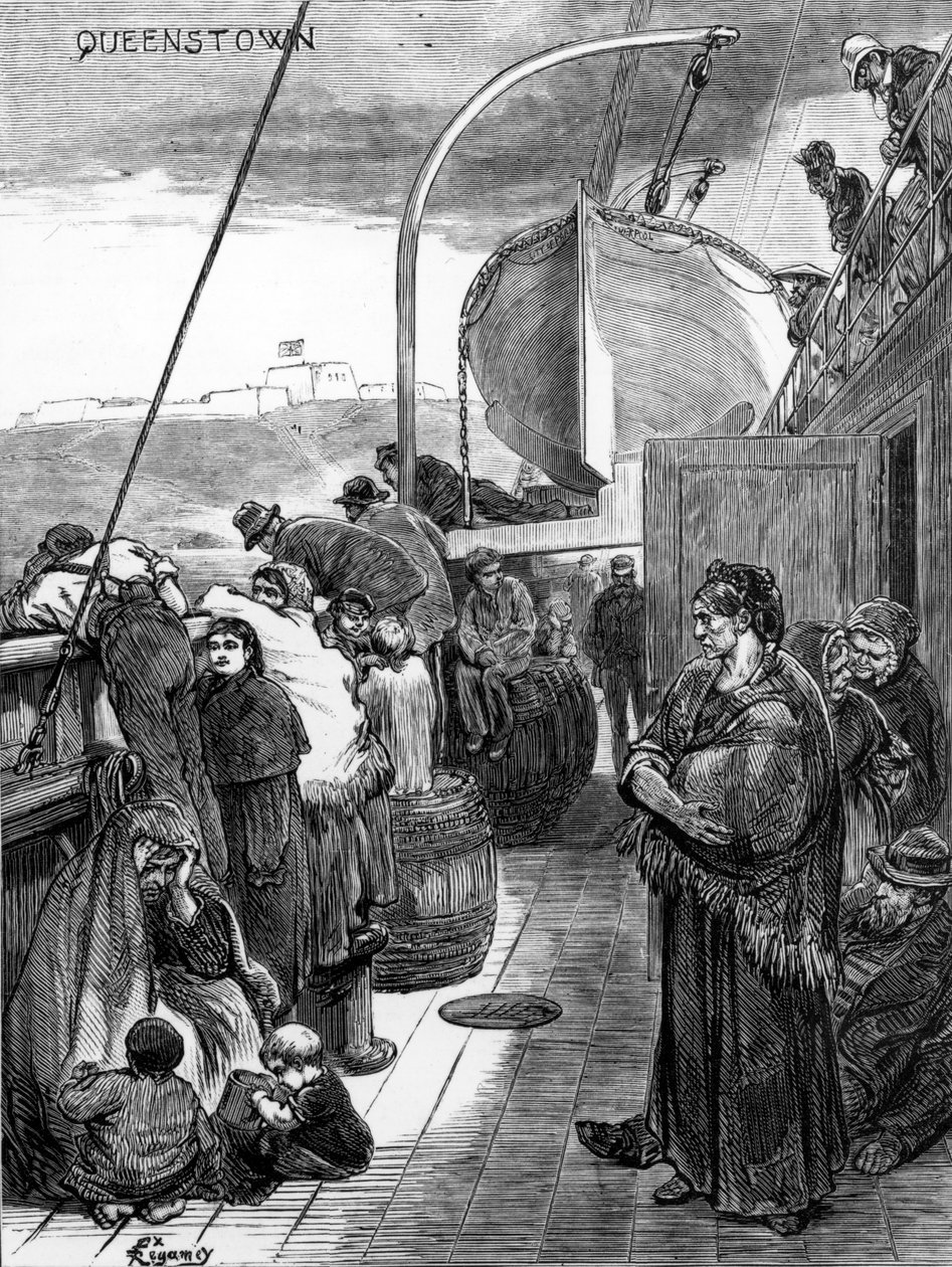 كوينزتاون: وداع للعالم القديم ، رسم توضيحي من "هاربر ويكلي" ، 16 مايو 1874 بواسطة المدرسة الأمريكية