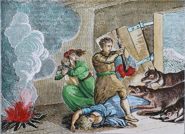 ذئاب مفترسة تغزو مقصورة رائدة (نقش ملون) بواسطة المدرسة الأمريكية