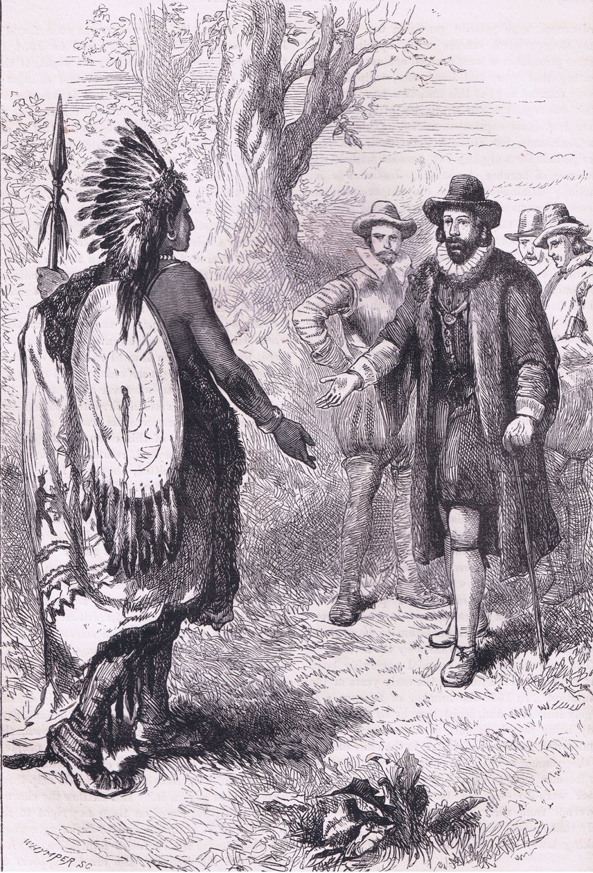 استقبال محارب Naragansett ، رسم توضيحي من حانة Cassell's History of the United States. بواسطة Petter & Galpin c.1890 (litho) بواسطة المدرسة الأمريكية