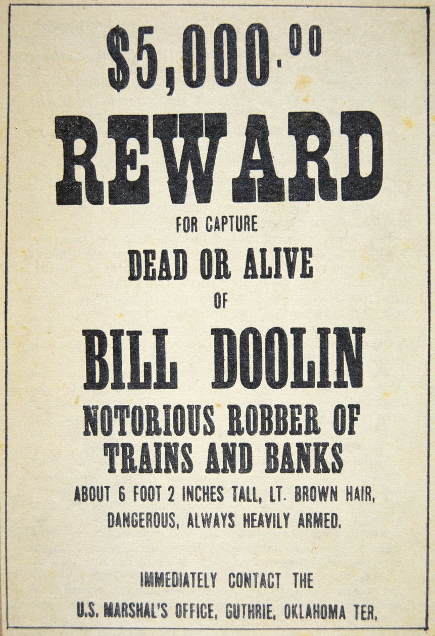 Reward poster for Bill Doolin (1858-96) (litho) بواسطة المدرسة الأمريكية