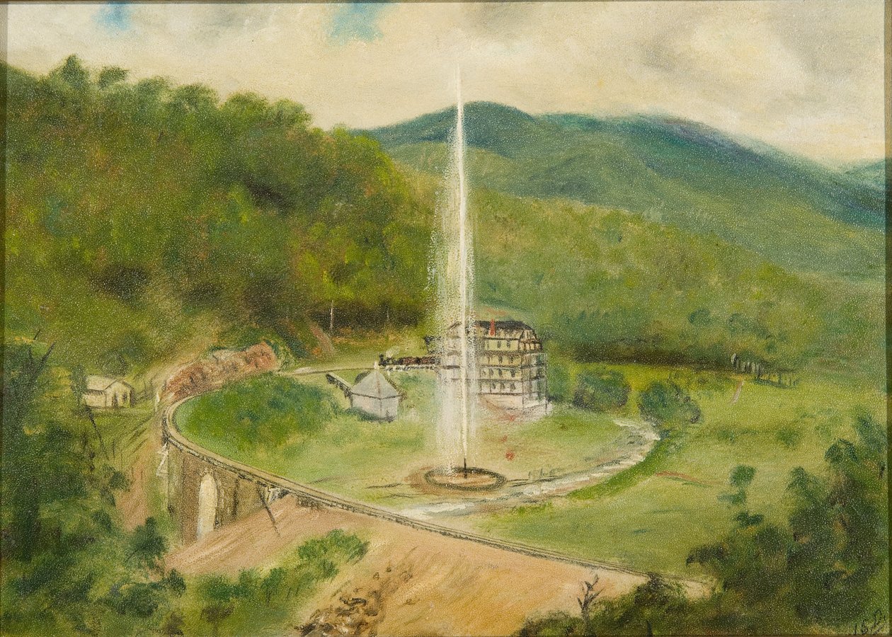 Round Knob Inn and the Fountain ، حوالي 1882 (زيت على اللوح) بواسطة المدرسة الأمريكية