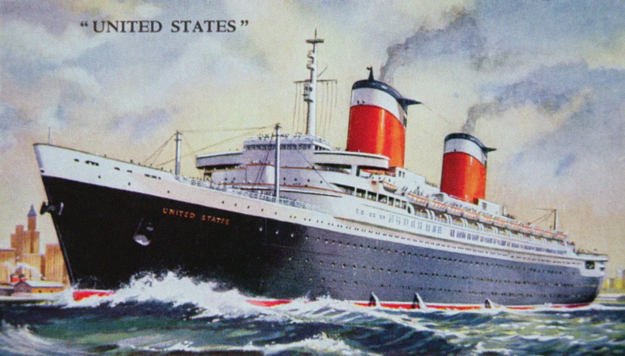 SS United States Maiden Voyage in 1952 (colour litho) بواسطة المدرسة الأمريكية