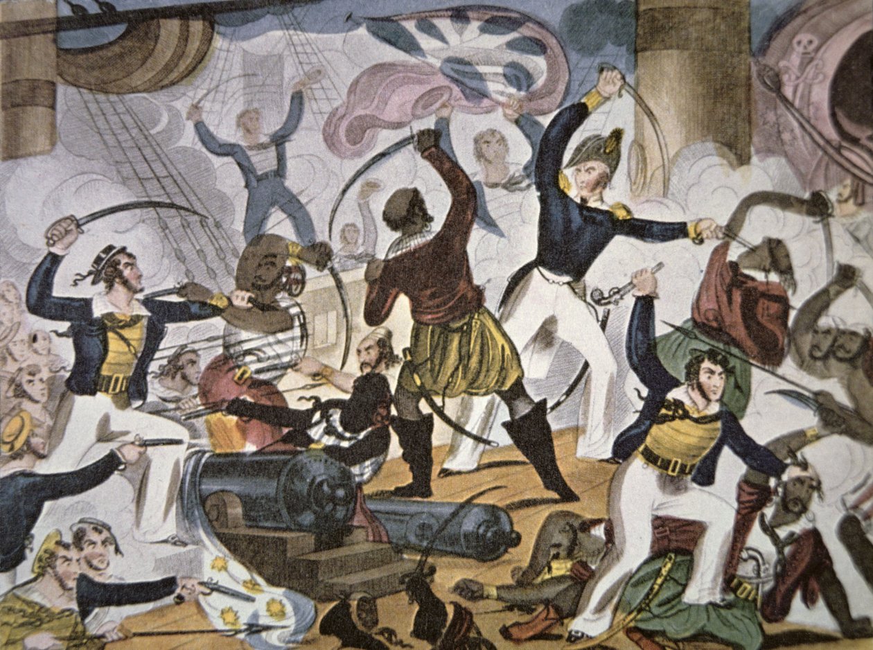 Sailors of the Royal Navy boarding Algerine pirate vessel, c.1820 (colour litho) بواسطة المدرسة الأمريكية