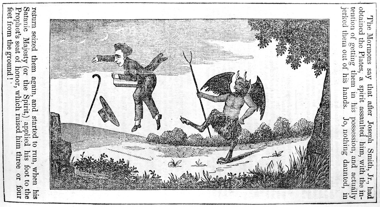 الشيطان يركل جوزيف سميث (1805-44) من الصفحة الخلفية لتقويم مكافحة المورمون لعام 1842 بواسطة المدرسة الأمريكية