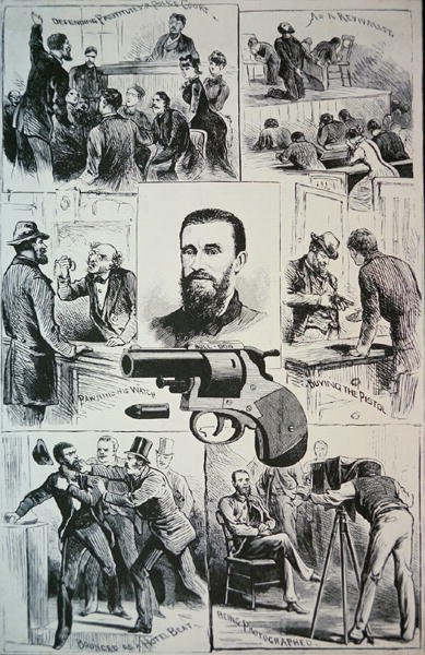 مشاهد من حياة القاتل تشارلز جول جويتو (1841-1882) والمسدس الذي استخدمه لقتل الرئيس جيمس أ. غارفيلد (1831-1881) 1881 (ليثو) بواسطة المدرسة الأمريكية