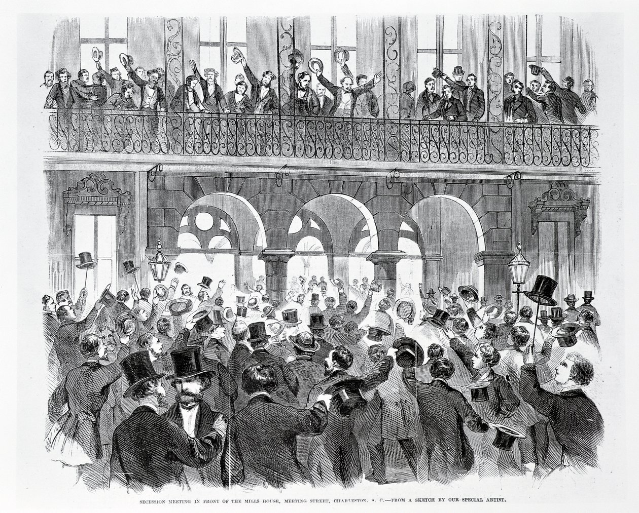 اجتماع الانفصال أمام دار ميلز ، ميتنج ستريت ، تشارلستون ، ساوث كارولينا ، حوالي 1860 (نقش) (صورة بالأبيض والأسود) بواسطة المدرسة الأمريكية