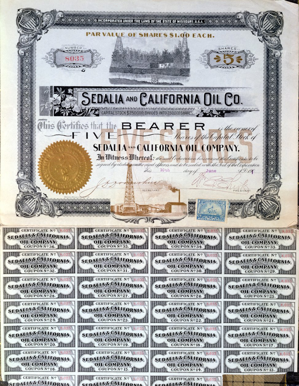شهادة مشاركة لشركة Sedalia وشركة نفط كاليفورنيا ، الولايات المتحدة الأمريكية ، 1901 بواسطة المدرسة الأمريكية