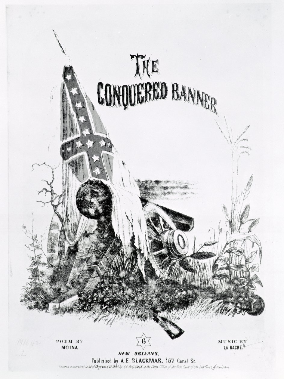 غلاف الموسيقى ورقة ل "The Conquered Banner" ، قصيدة من Moina ، الموسيقى من قبل La Hache ، حانة. بواسطة AE Blackmar ، 1862 بواسطة المدرسة الأمريكية